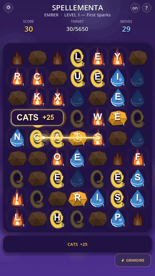 Spellementa gameplay — tracing the word CATS across the board